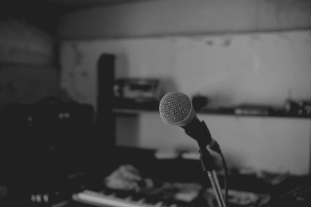 Professional microphone in recording studio setup for indie music production
