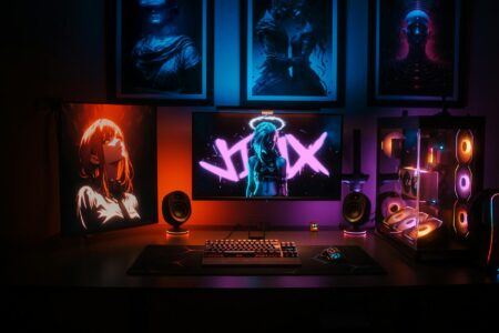Modern gaming setup with multiple monitors and streaming equipment for content creation