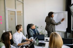 Business team collaborating around a conference table during a strategy meeting
