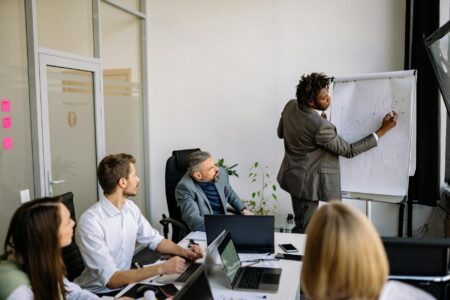 Business team collaborating around a conference table during a strategy meeting
