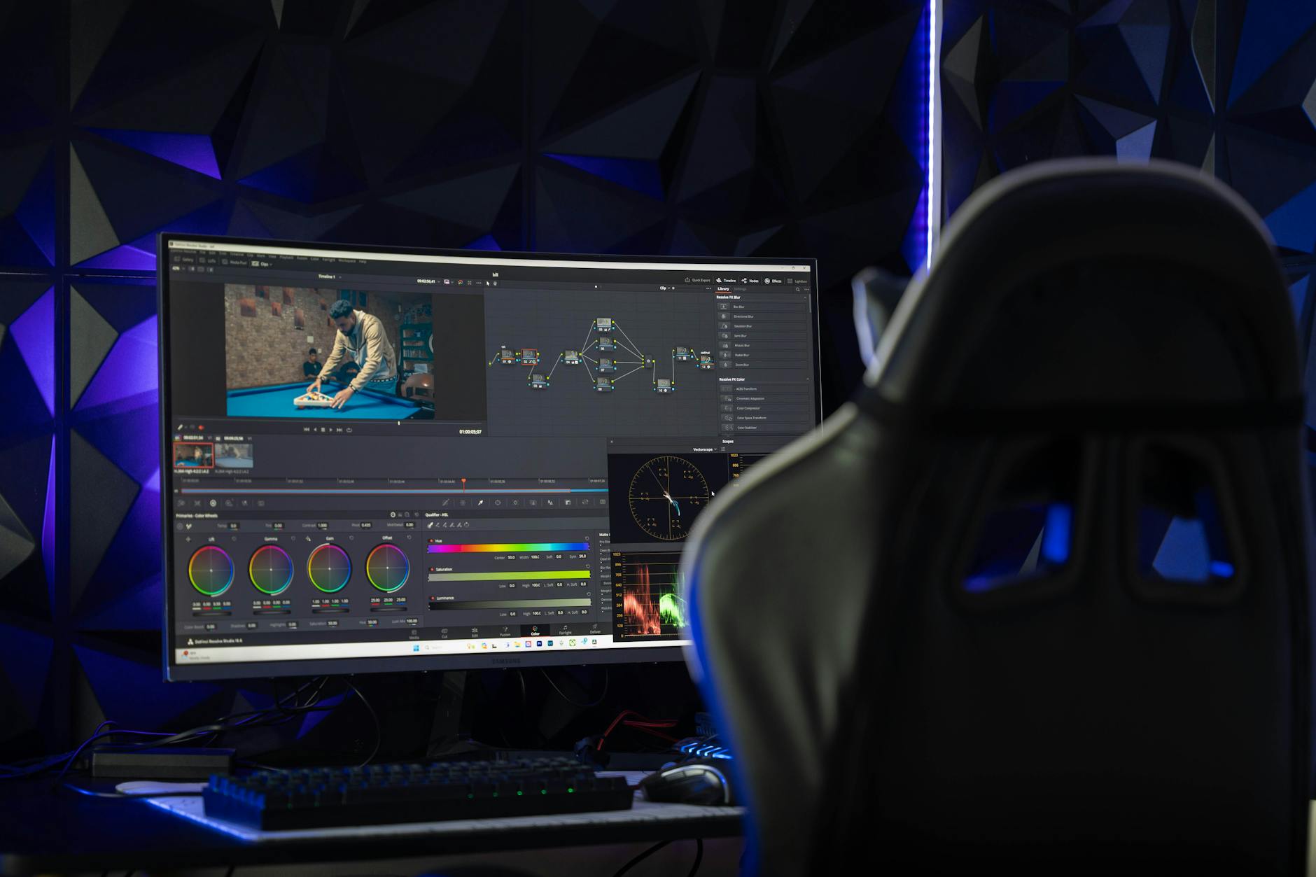 Digital workspace showing video editing interface and tools