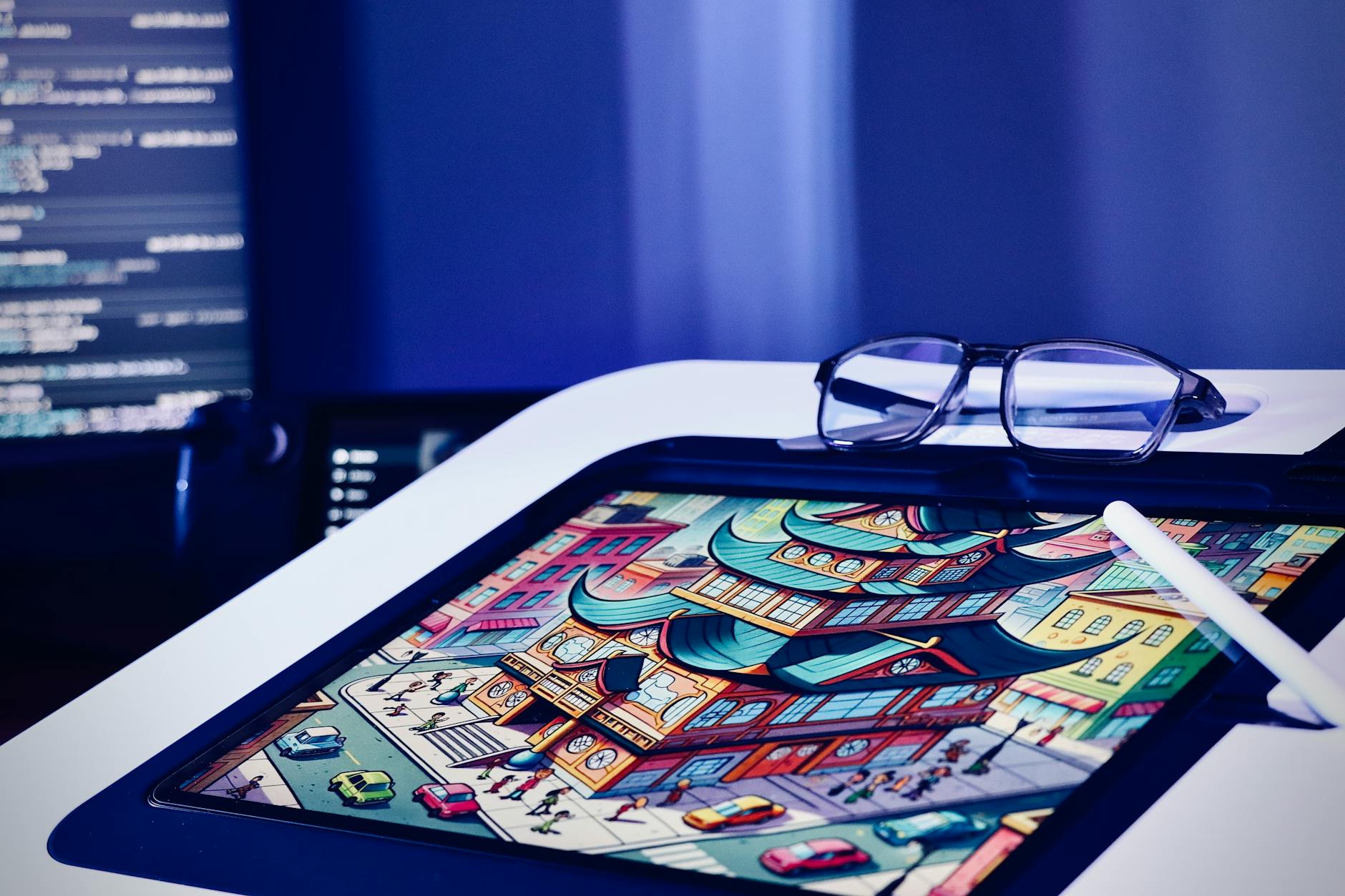 Designer using digital tablet with stylus for creating artwork