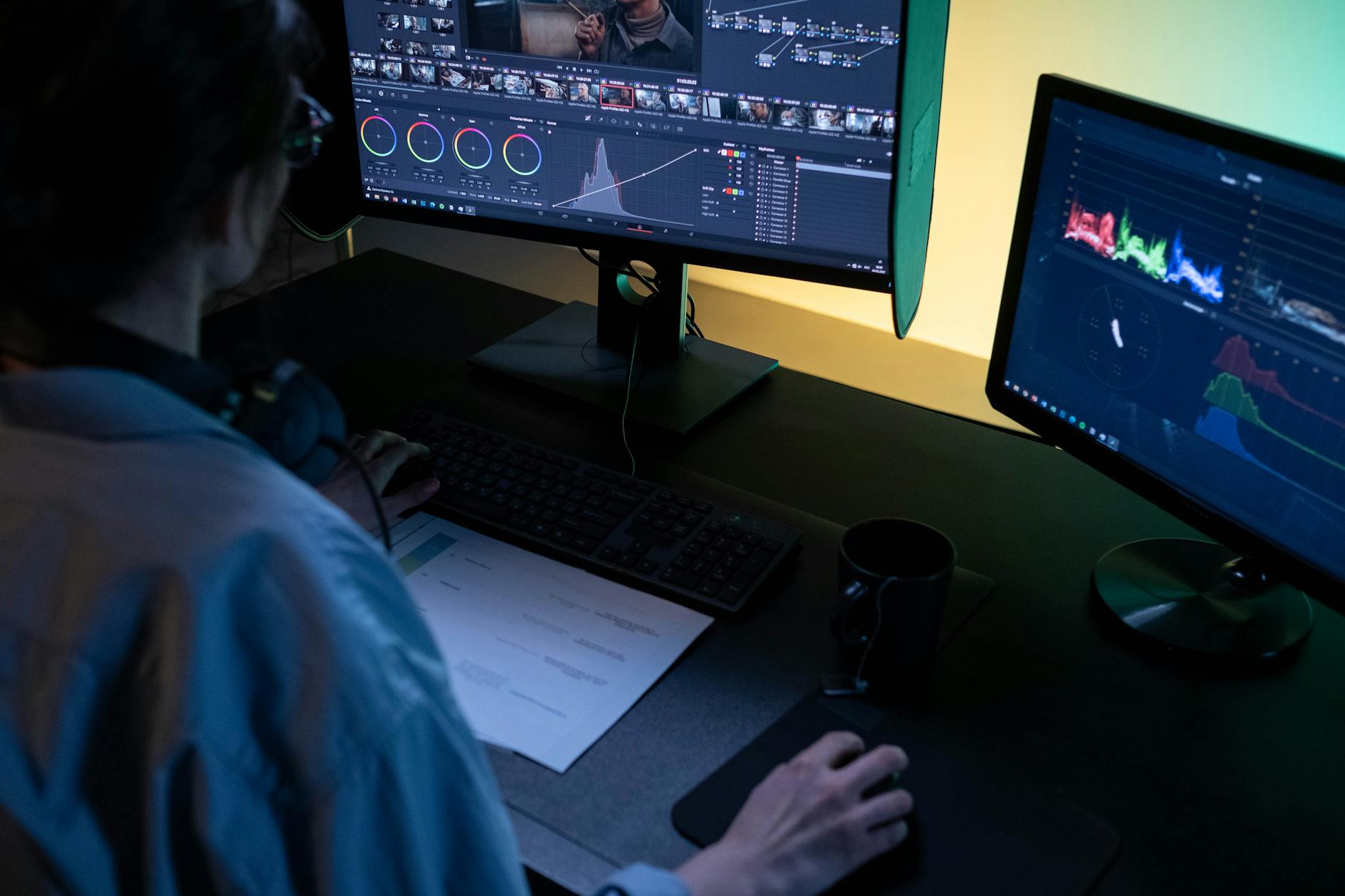 Content creator editing video content on computer with multiple monitors showing video timeline