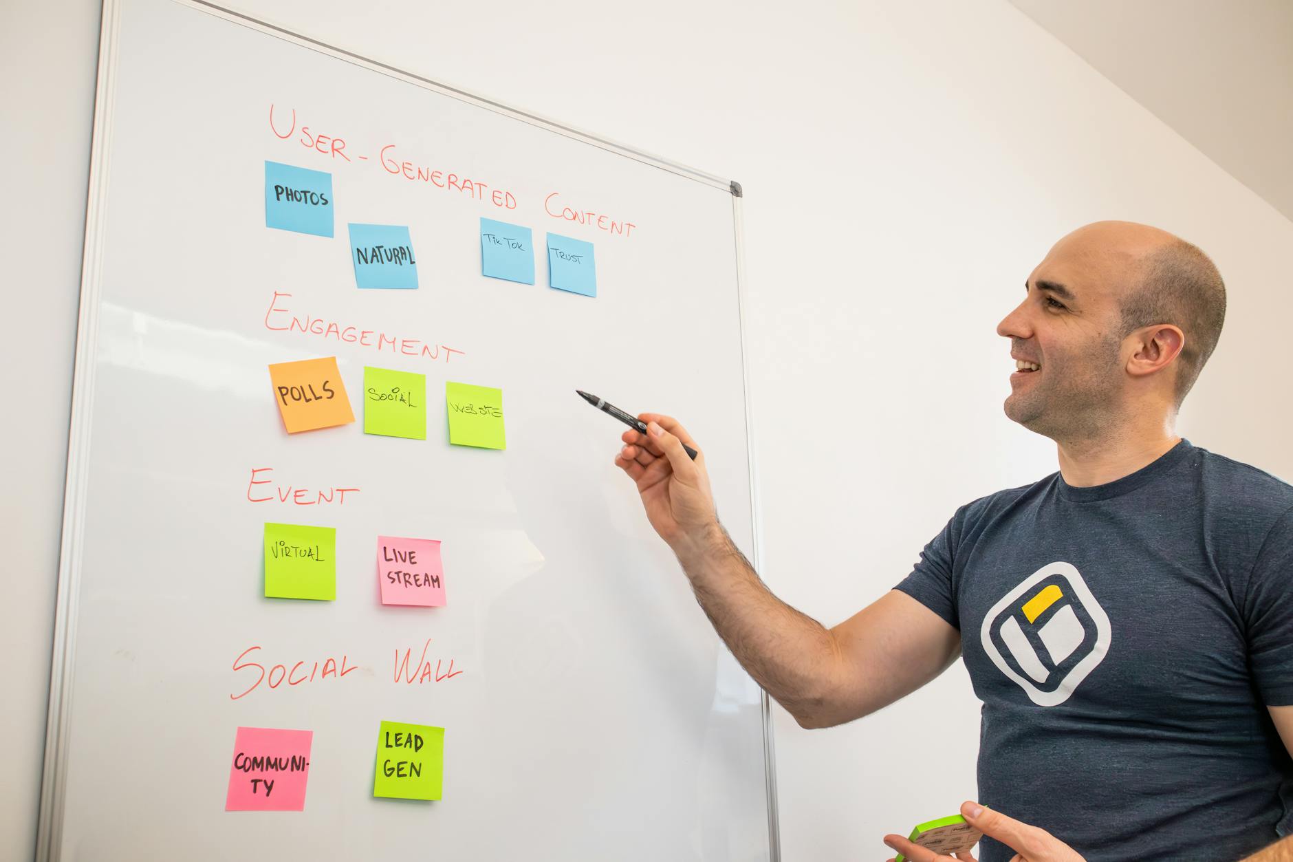 A content planning board with campaign schedules and visual marketing materials