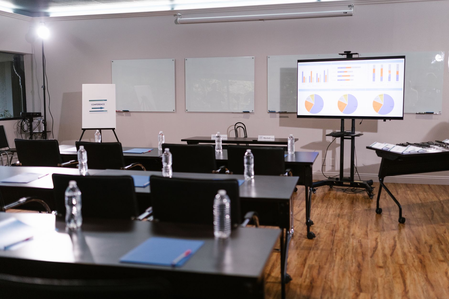 Business professional presenting on a large screen during a corporate video session