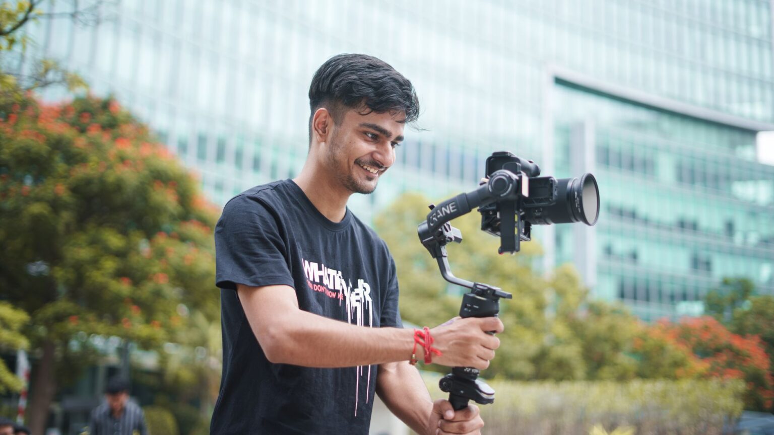 A content creator filming a video for their YouTube channel