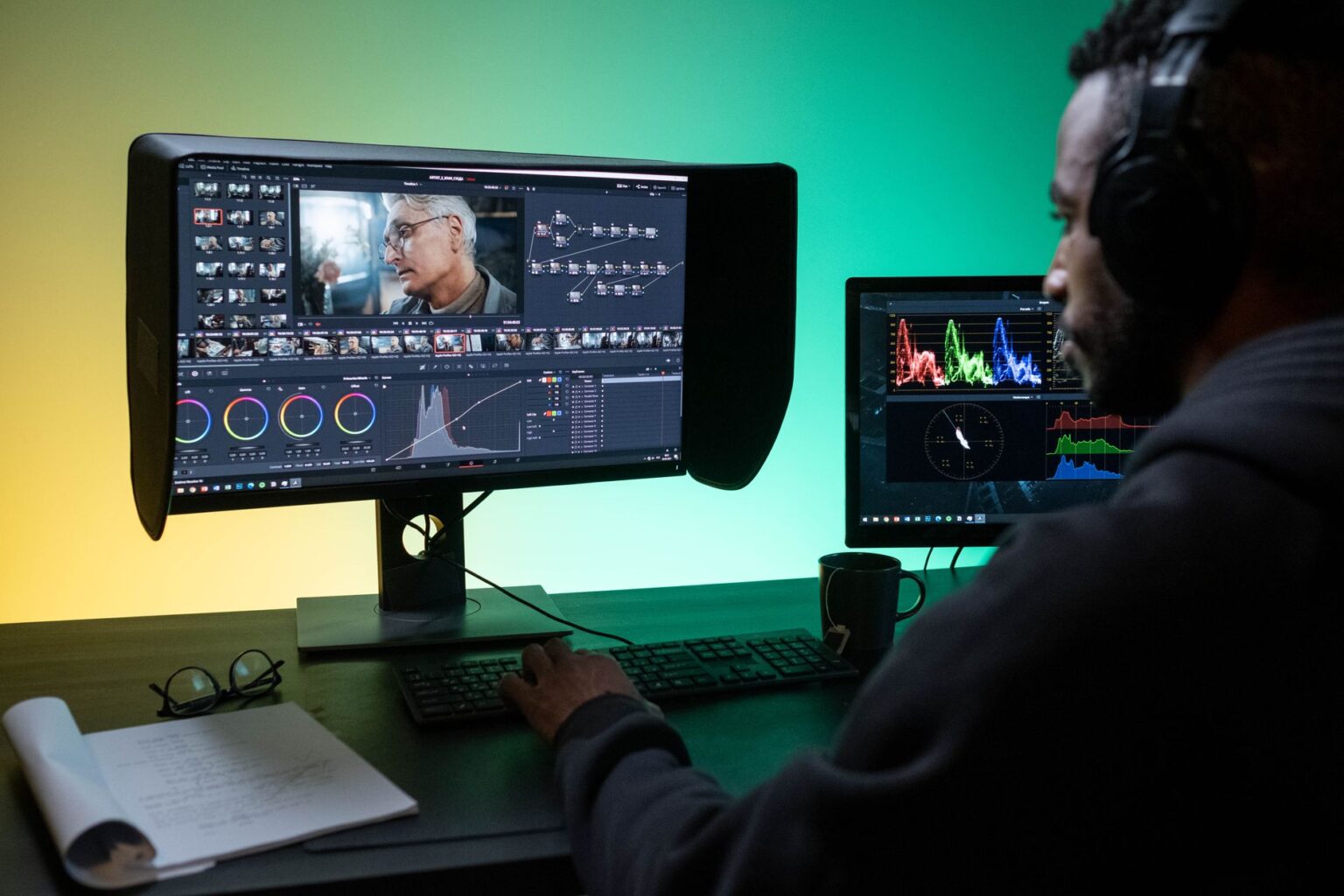 A professional video editing workspace with multiple monitors showing editing software