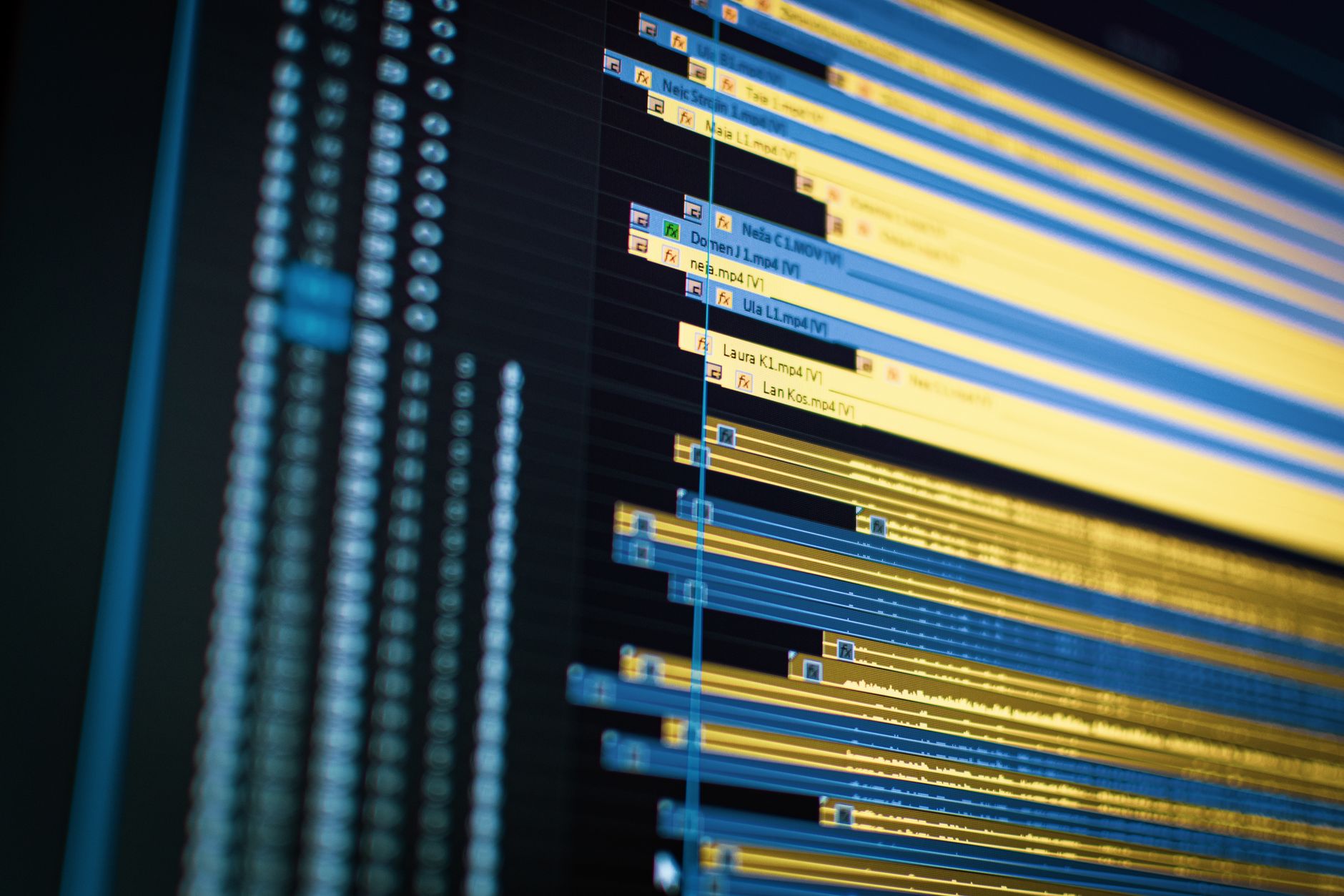 Close-up of a video editing timeline on a computer monitor