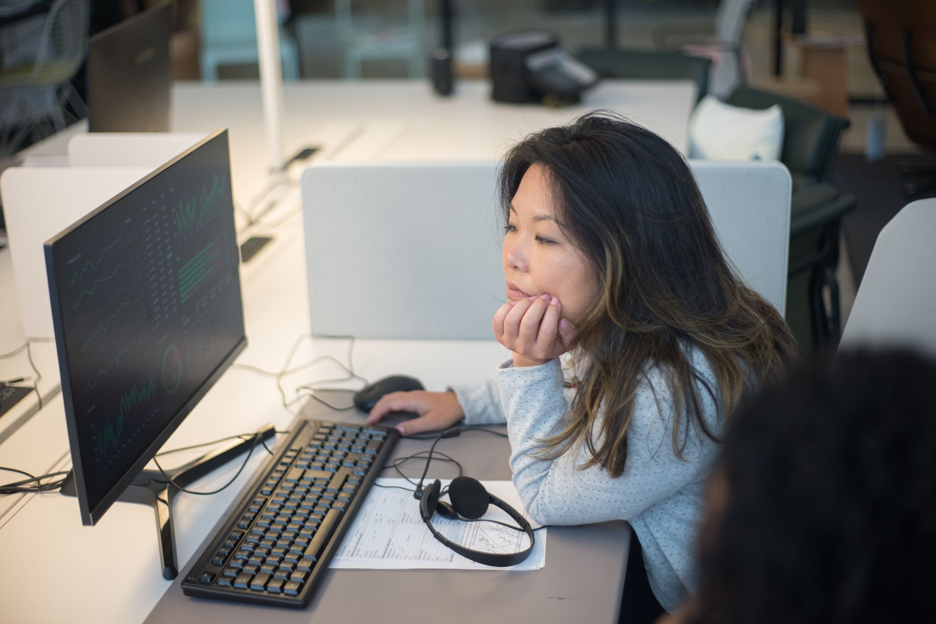 Analyst reviewing brand audit results on a desktop monitor