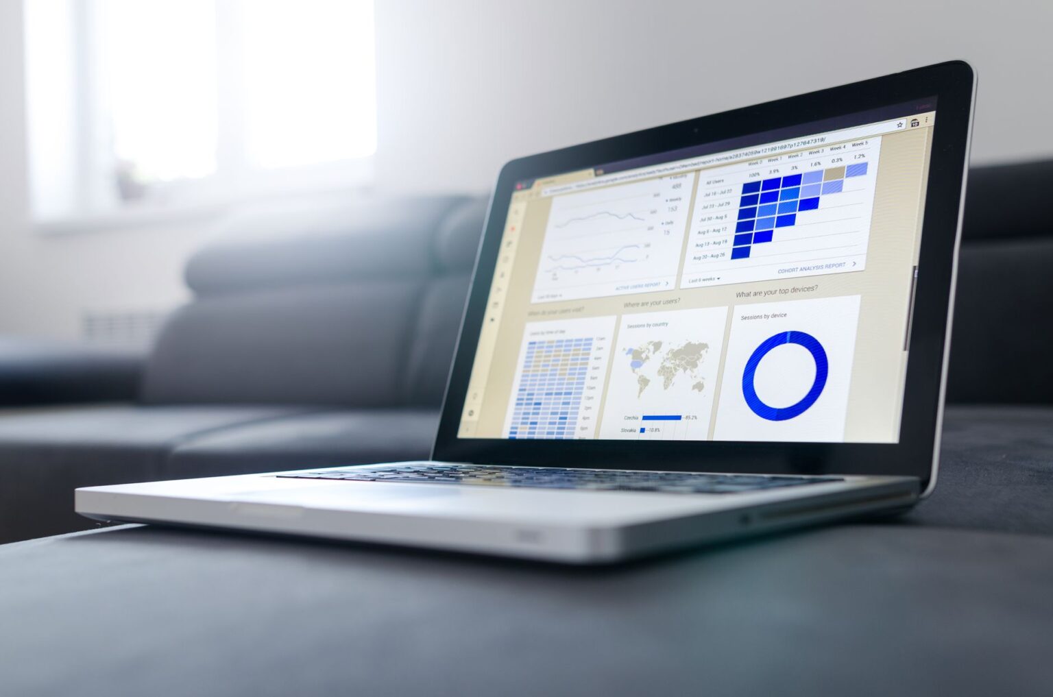 A professional reviewing LinkedIn analytics data on a laptop screen