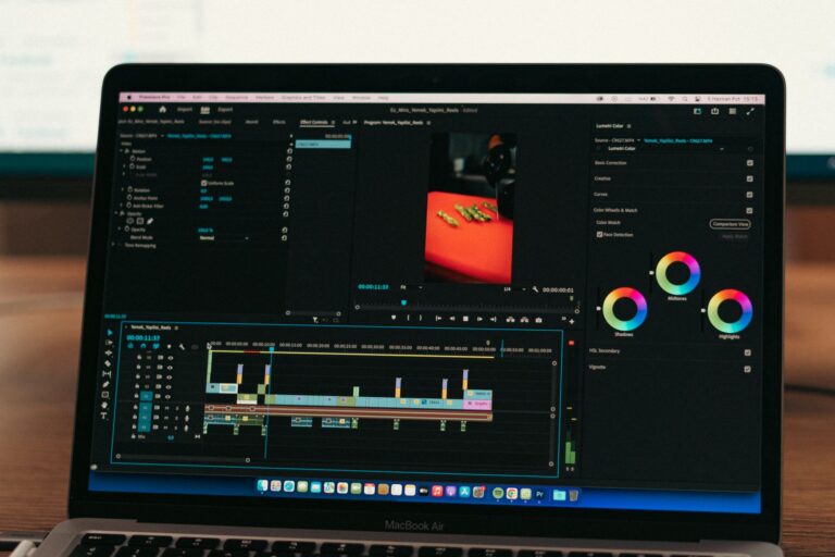 A content creator reviewing video clips on a computer screen for social media publishing