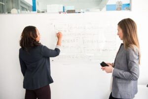 Content team collaborating around a digital planning board in a modern office