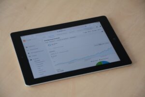 Marketing analytics dashboard showing brand monitoring and social media metrics on a computer screen