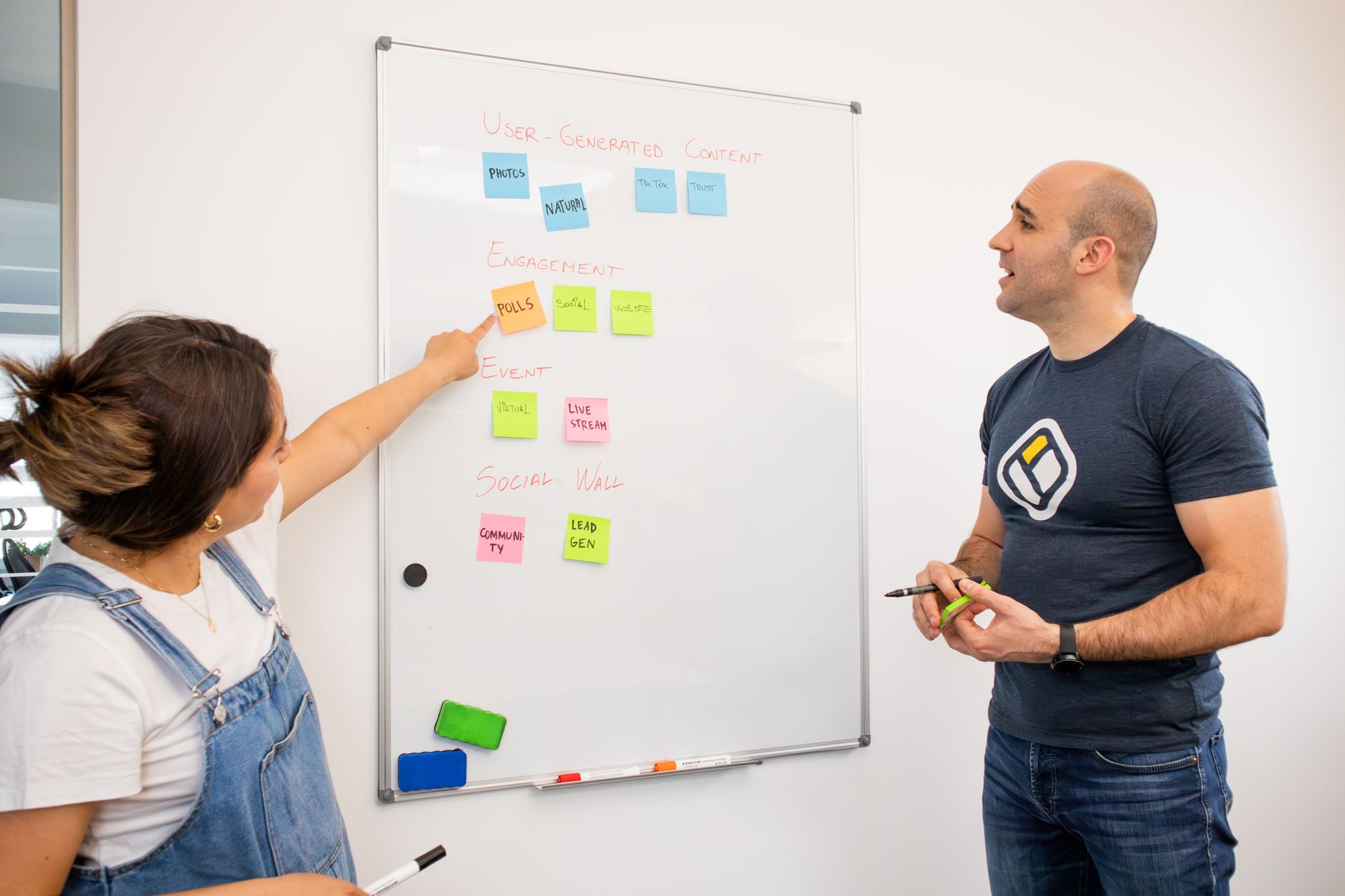 Marketing team collaborating on content planning around a shared monitor