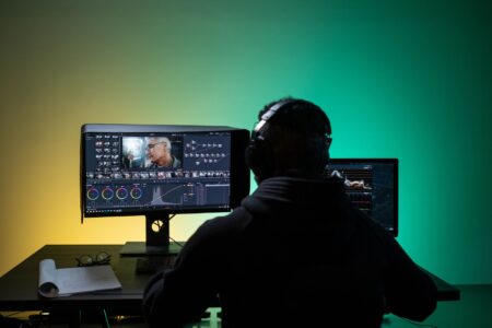 A digital video editing interface showing AI-generated video content on a monitor